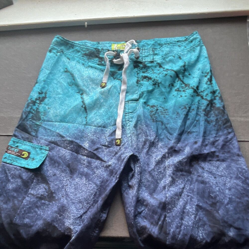 B Split Men's Board Shorts Size L Blue/Black Abstract Drawstring Pockets